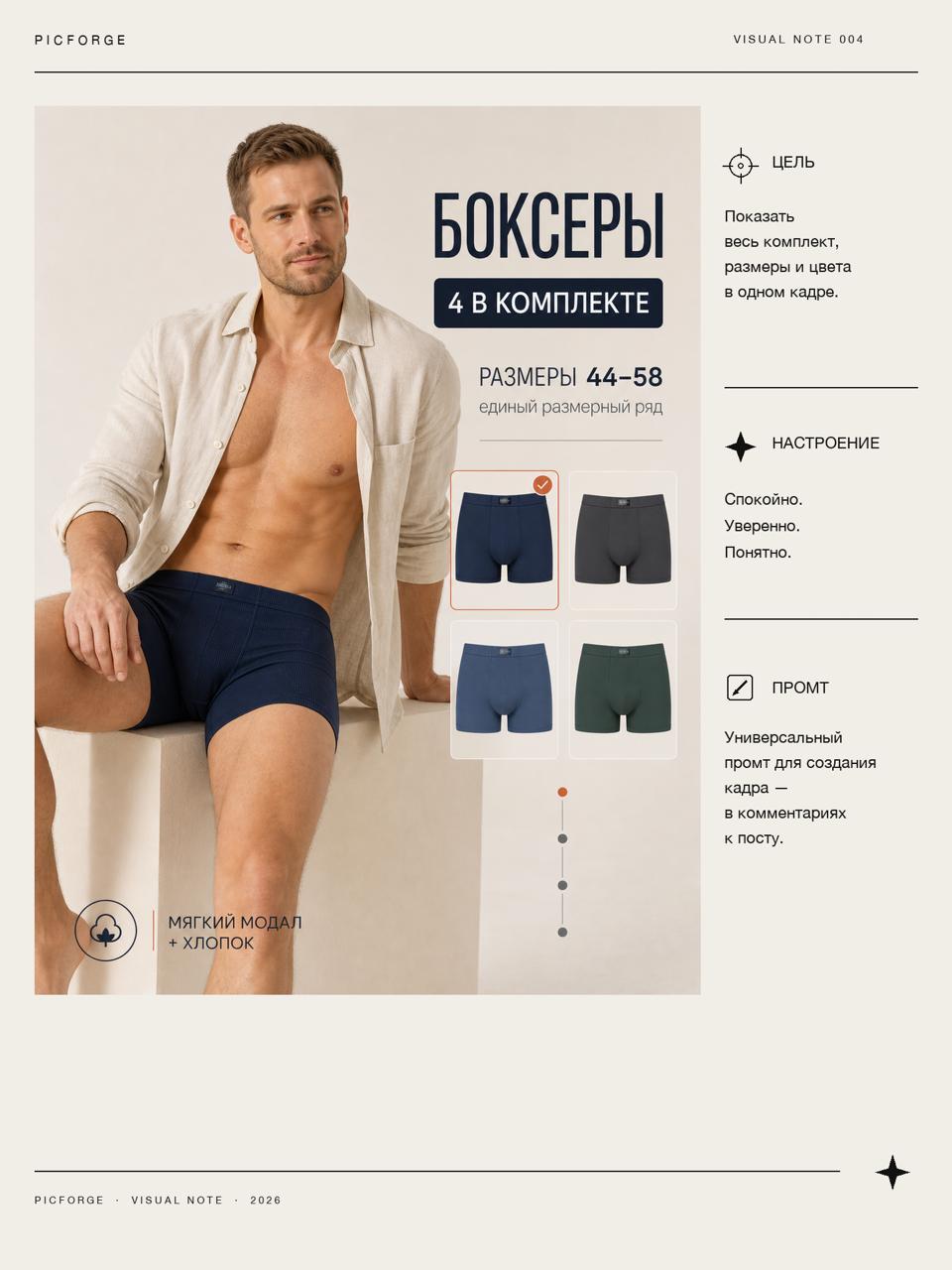С мужскими боксерами обычно всё довольно просто: модель, белый фон — готово